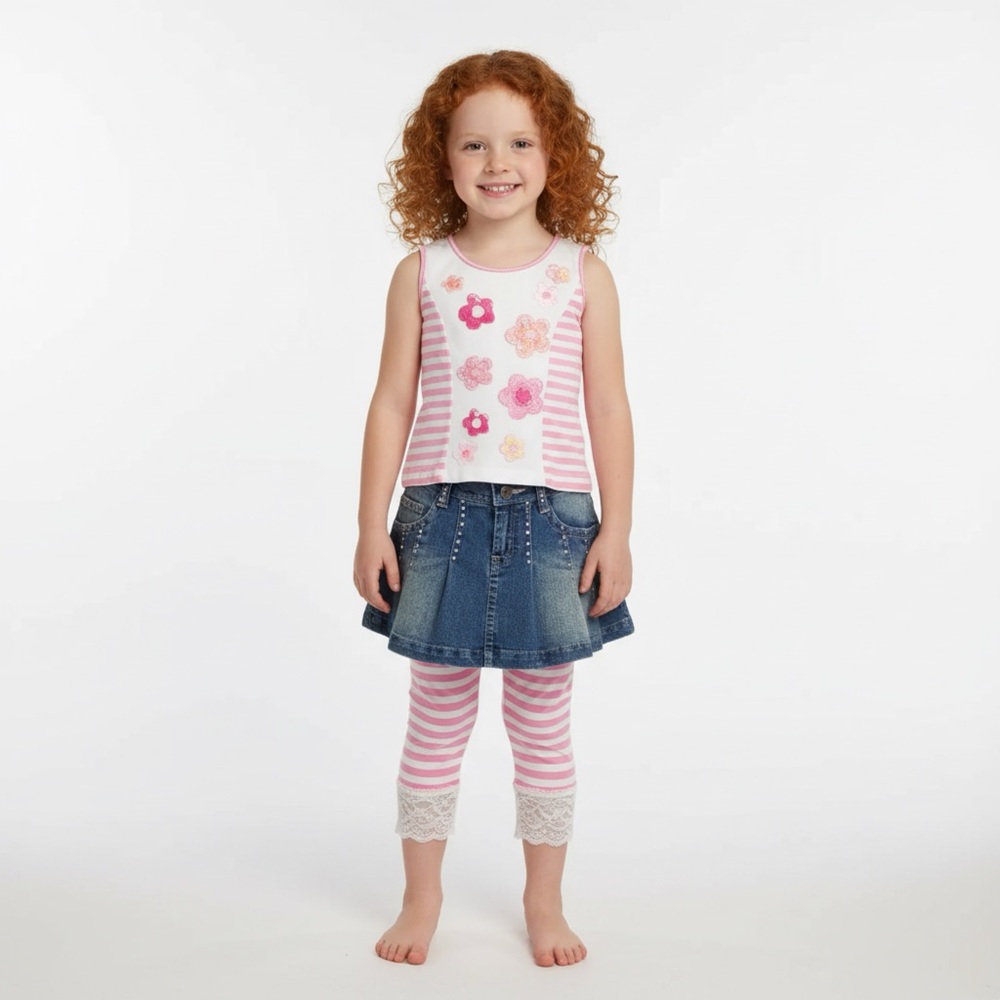 sz 5 Girls 3pc Matching Outfit Top, Skirt & Leggings Denim Sequins Boutique $150